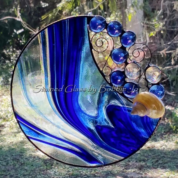 Handmade Round Stained Glass Suncatcher with glass bubbles and pearlized Turbo shell