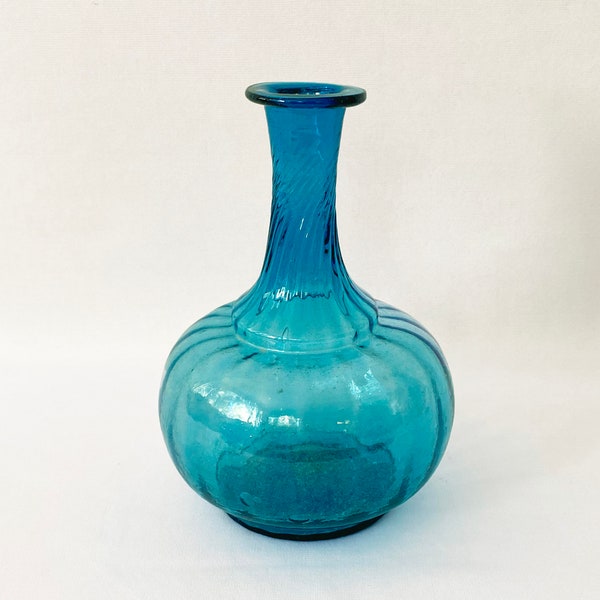 Hand Blown Aqua Blue Glass Swirl Bottle