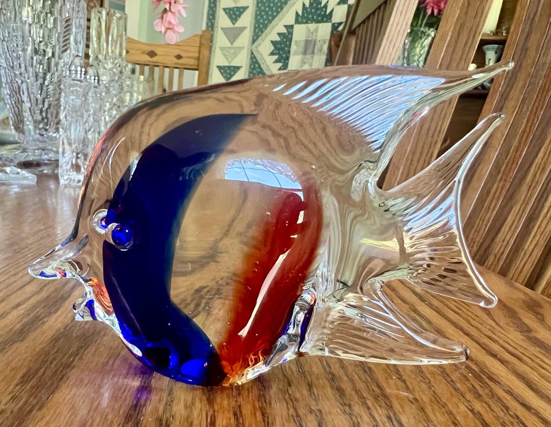 Hand-blown Art Glass Angel Fish With Blue and Red Stripes Signed by ...