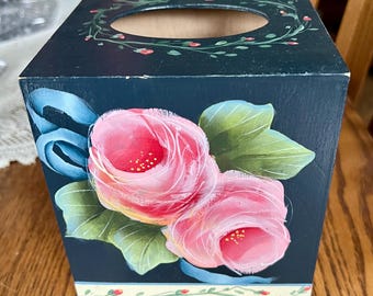 Victorian shabby chic hand painted roses wooden tissue box cover