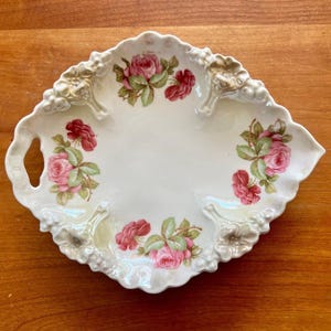 Antique German leaf shape Painted Roses porcelain trinket dish - possibly Rosenthal, but not marked