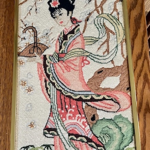 Vintage Needlepoint: Japanese Woman in Kimono with Cherry Blossoms