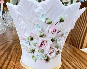 Lefton China Porcelain Hand Painted Floral Bisque W/gold Bottom