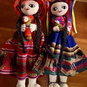 Pair of handmade Vintage Peruvian native folk art Dolls with traditional dress
