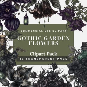 Gothic garden flowers clipart for dark academia, Victorian-style digital design, and mystical branding.
