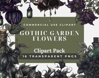 Clipart di fiori da giardino gotico – PNG botanici scuri (download digitale)