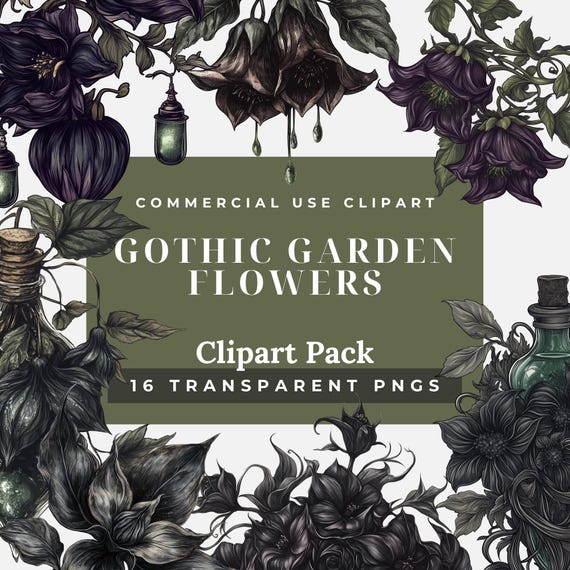Gothic Garden Flowers Clipart – Dark Botanical PNGs (Digital Download)