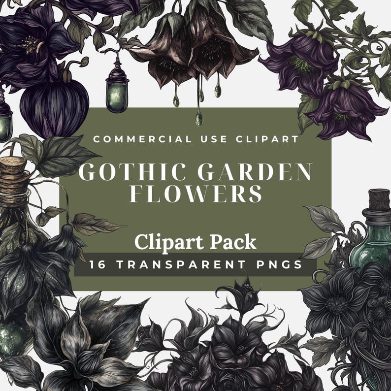 Gothic garden flowers clipart for dark academia, Victorian-style digital design, and mystical branding.