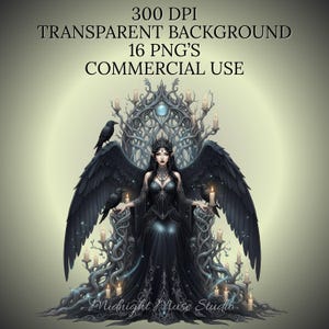 Dark gothic clipart featuring celestial fairy queen and ravens, ideal for witchy and fantasy digital designs.