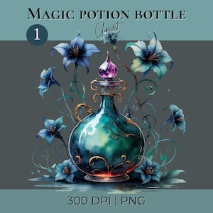 Puede incluir: Ilustración en acuarela de una botella de poción mágica con tapón morado y detalles dorados. La botella está rodeada de flores y enredaderas azules. El texto en la parte superior dice "MAGIC POTION BOTTLE Clipart".