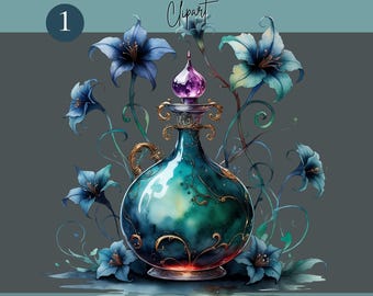 Immagine clipart di una bottiglia di pozione magica – Illustrazione di un elisir floreale mistico / Illustrazione di una farmacia gotica / PNG da strega