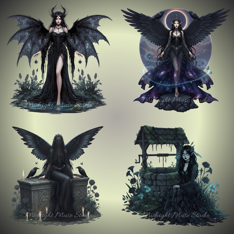 Gothic celestial clipart featuring ethereal fairies, ideal for mystical digital projects.