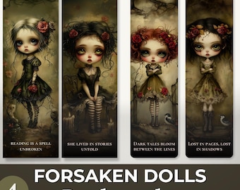 Segnalibri gotici stampabili in PDF, ritratti di bambole inquietanti, lettura dark romantica, inserti per junk journal, decorazioni per biblioteca fantasy