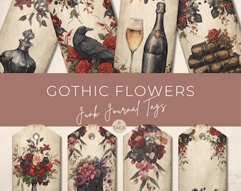 Etichette per junk journal in stile gotico floreale – Materiale vintage, scrapbooking (download digitale)
