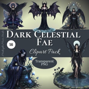 Gothic celestial clipart with dark faeries, witchy and fantasy elements for digital design.