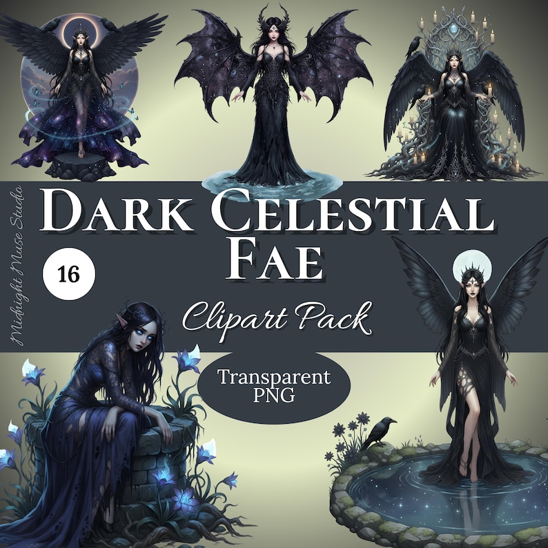 Gothic celestial clipart with dark faeries, witchy and fantasy elements for digital design.