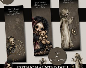 Segnalibri di Halloween stampabili / Segnalibri gotici con bambole inquietanti e carine / Download digitale Dark Academia / Regalo di lettura spettrale
