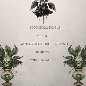 Gothic flower clipart with skull botanicals, perfect for mystical and dark wedding digital designs.