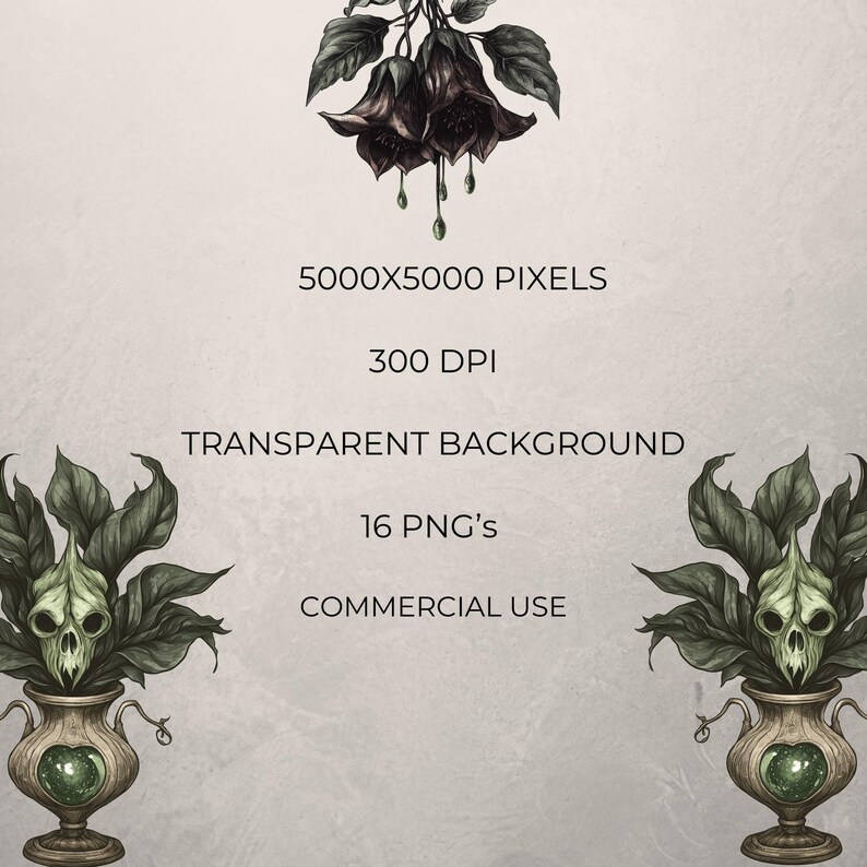 Gothic flower clipart with skull botanicals, perfect for mystical and dark wedding digital designs.