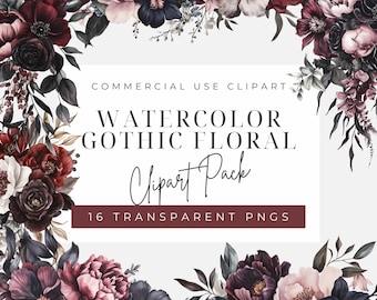 Set di clipart floreali gotiche - 16 fiori scuri ad acquerello - PNG trasparente - Uso commerciale