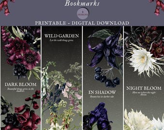 Segnalibri gotici stampabili / Set di 4 segnalibri vittoriani a tema giardino notturno botanico / Regalo per amanti dei libri dark academia / Download immediato
