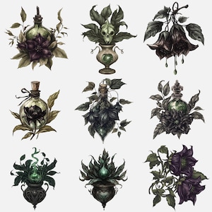 Gothic garden flowers clipart featuring skull-inspired botanicals and dark floral elements for digital art.