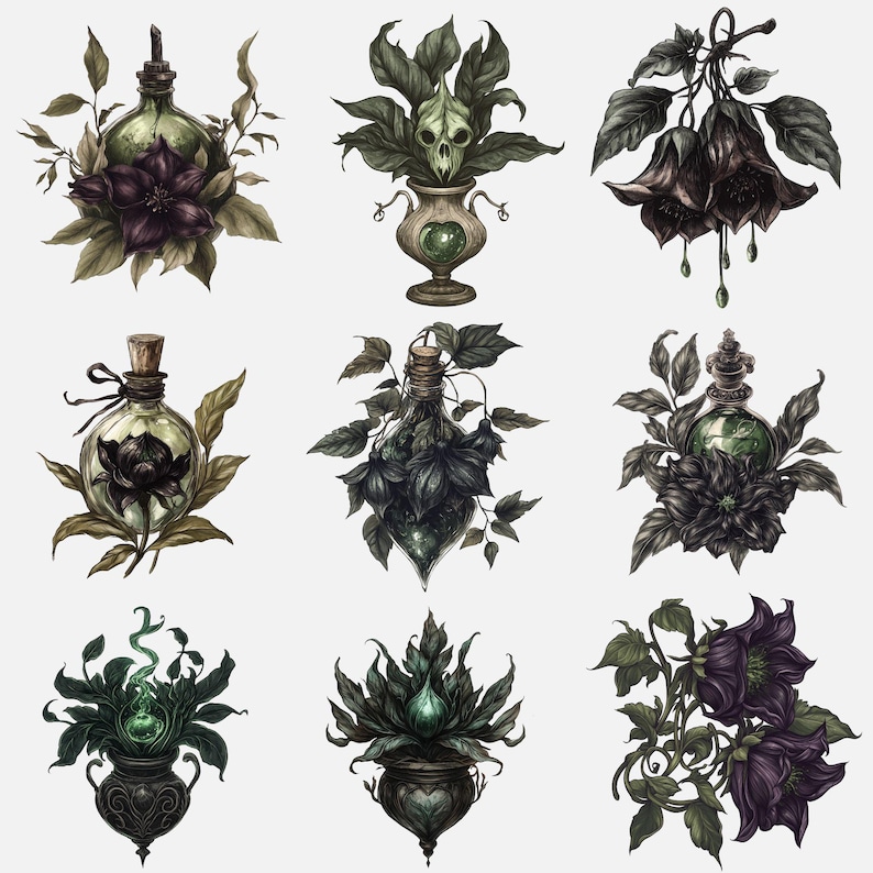 Gothic garden flowers clipart featuring skull-inspired botanicals and dark floral elements for digital art.