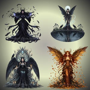 Dark gothic clipart with celestial fairies and mystical winged figures for digital projects.