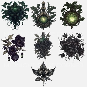 High-resolution gothic clipart featuring dark flowers, skull botanicals, and green glow vases for mystical designs.