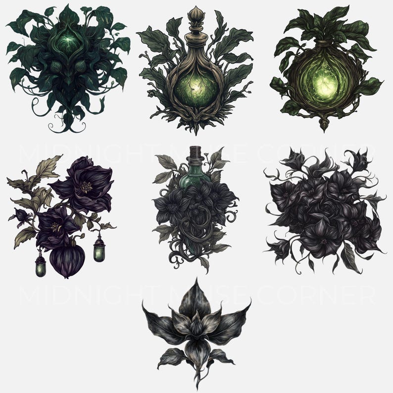 High-resolution gothic clipart featuring dark flowers, skull botanicals, and green glow vases for mystical designs.