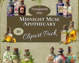 Puede incluir: Un conjunto de 30 imágenes prediseñadas de boticario con botellas vintage con tapones de corcho. Las botellas contienen líquidos coloridos y elementos botánicos. Texto: "Midnight Muse Apothecary Clipart Pack".