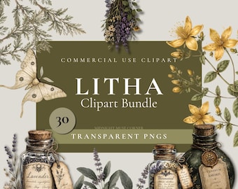 Prodotti digitali Junk Journal, pacchetto di clipart Litha, arte botanica gotica per il solstizio d'estate, estetica dark cottagecore