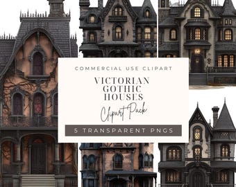 Clipart di una casa infestata in stile gotico vittoriano – 5 illustrazioni PNG (download digitale)