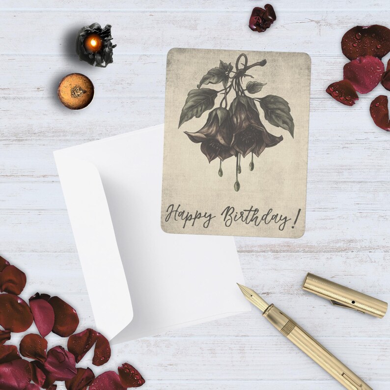 Gothic floral birthday card, dark moody design for witchy aesthetic events.