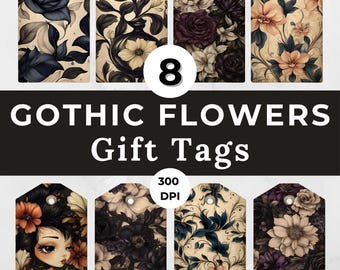 8 etichette regalo floreali gotiche / PNG vintage scuro (download digitale)
