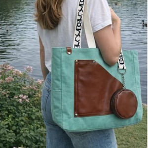 Blush Pink Canvas Tote Bag – Geometric Leather Patch with Coin Purse-FREESHIPPING