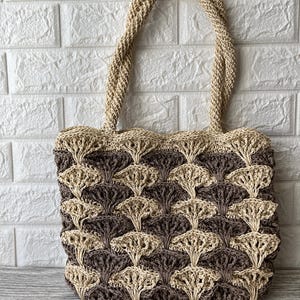 Handmade shopper made of raffia fan pattern beige brown with 2 long shoulder handles