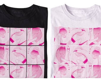 Puede incluir: Dos camisetas, una negra y una blanca, con un estampado gráfico de una boca de dibujos animados rosa con la lengua fuera. El gráfico se repite en un patrón de cuadrícula en ambas camisetas.