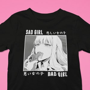 Sad Girl Bad Girl Anime Waifu Unisex T-Shirt - Kink Friendly Babe Spicy Manga Aesthetic Naughty Playful Kinky DDLG Mouth Tricks Deep Love