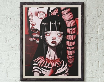 Plakat z horrorem inspirowanym Junji Ito: Sztuka ścienna w stylu gotyckiego anime