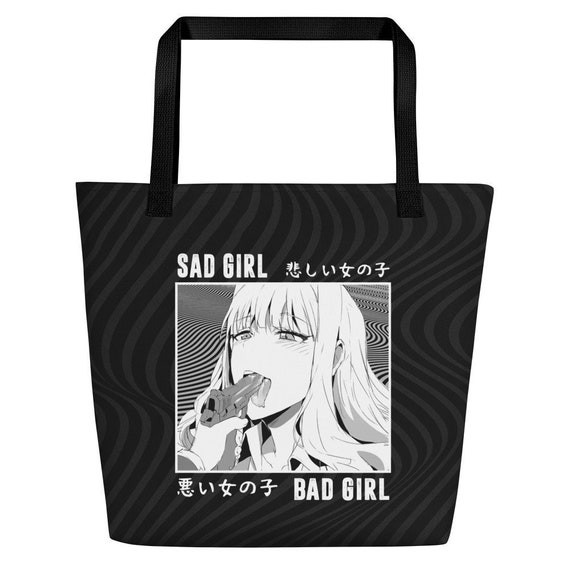 Large Tote Bag Sad Girl Bad Girl Anime Waifu Babe Grocery 