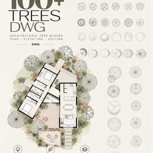 May include: A digital architectural resource titled 100+ TREES DWG featuring a collection of tree symbols in plan view, alongside a floor plan of a residential building surrounded by various tree illustrations and text labels.