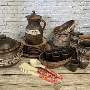 Large Family Pottery Set | Handmade Ceramic Dinnerware | Rustic Stoneware Dishes | Service for 6/8/10 | Wedding Gift | Housewarming Gift