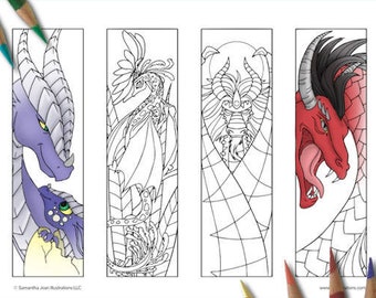 coloring bookmarks printable bookmarks dragon coloring etsy