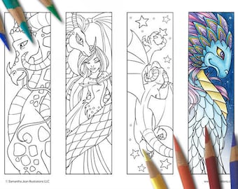 coloring bookmarks printable bookmarks dragon coloring etsy