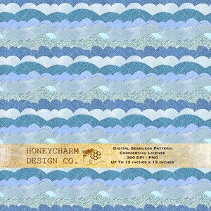 May include: Seamless digital pattern featuring a repeating design of blue and light blue waves with a glitter texture. The pattern is 300 DPI and can be used for projects up to 13 inches by 13 inches. The text "HONEYCHARM DESIGN CO." is at the bottom of the image.