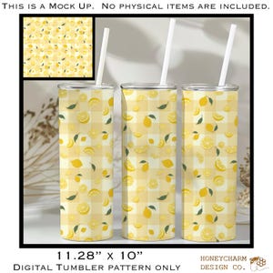 May include: Three yellow and white patterned tumblers with white straws. The tumblers feature a lemon and leaf design on a yellow and white checkered background. The dimensions are 11.28" x 10".