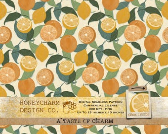Seamless Citrus Fruits Pattern Sliced PNG Download Digital Paper Sublimation Fabric Surface Design Lemon Orange Botanical Junk Journal