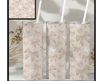 Natuurlijke coquette bogen beker wrap-20oz mager beker wrap sublimatie rechte volledige PNG digitale download beker aquarel beige strik