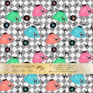 Pode incluir: Um padrão digital sem costura apresentando silhuetas de poodle, saias de poodle em rosa, azul, verde e coral, e notas musicais em um fundo xadrez cinza e branco. O texto "HONEYCHARM DESIGN CO." está na parte inferior da imagem.